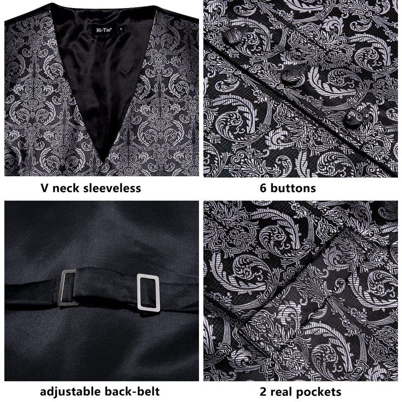 Hi-Tie Silk Floral Black and Silver Suit Vests Set for Mens Necktie Jacquard Formal Dress Waistcoat for Tuxedo Wedding Party Business - Image 4
